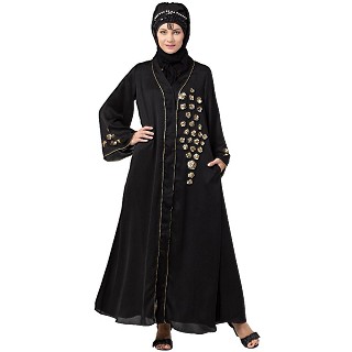 Front open abaya with hand work- Black-Golden